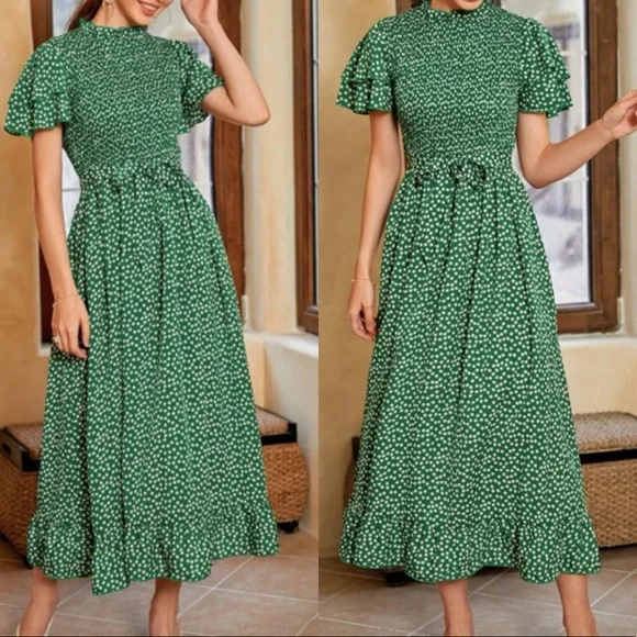 Dresses | Green Butterfly Sleeve Shirred Keyhole Back Belted Maxi Dress |  Poshmark